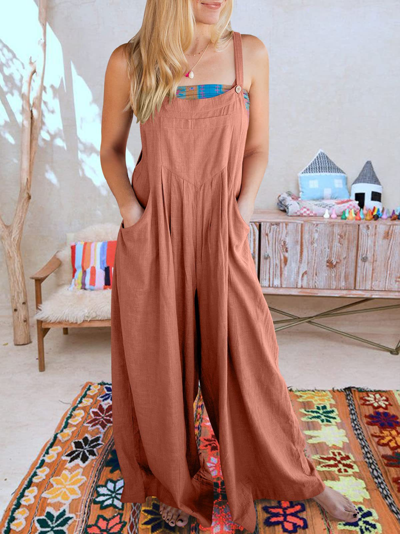 Women's clothing solid color loose casual cotton and linen overalls jumpsuit_voghion.com