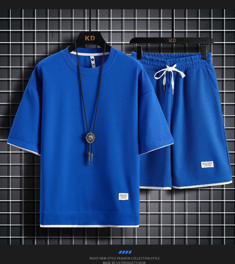 Moški komplet s kratkimi rokavi in vaflji za poletje in prosti čas, pulover, majica s kratkimi rokavi_voghion.com