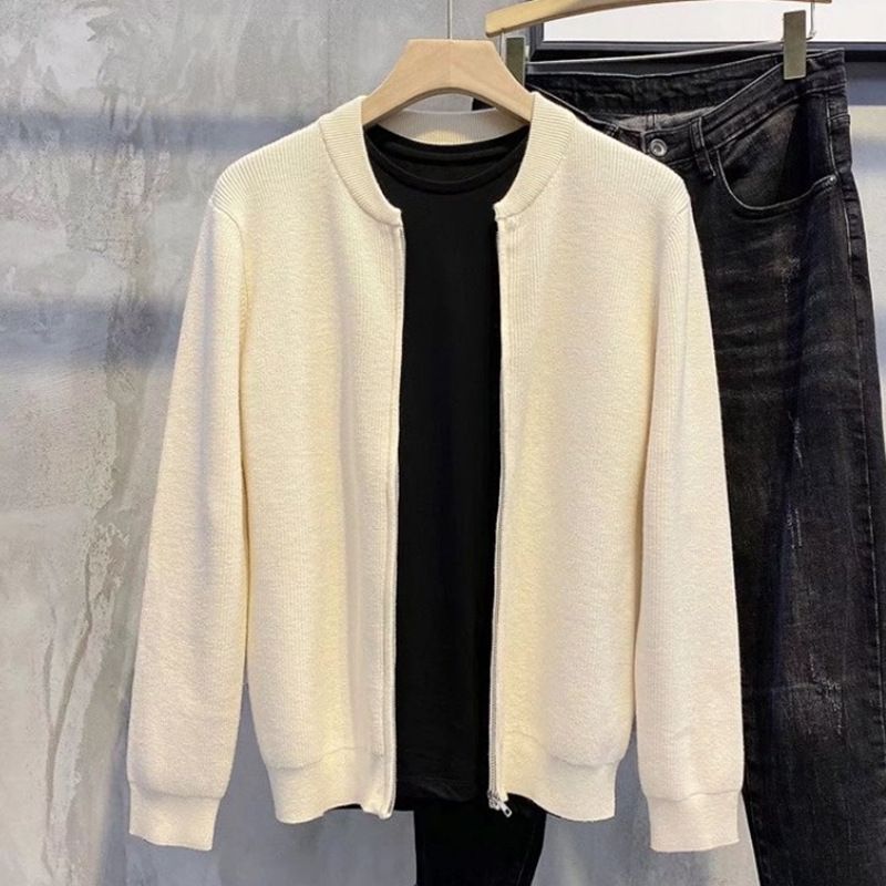 Miesten vaatteet Kaksinkertainen vetoketjullinen neulepusero trendikäs ohut pusero miesten takki_voghion.com