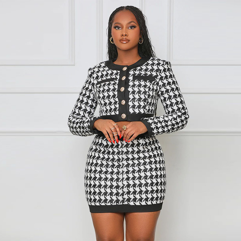 Damen-Langarm-Cardigan-Weste, Wickel-Hüftrock, bedrucktes dreiteiliges Set_voghion.com