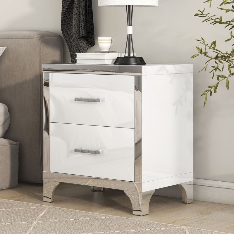 Elegant High Gloss Nightstand With Metal Handle,Mirrored Bedside Table With 2 Drawers For Bedroom,Living Room_voghion.com