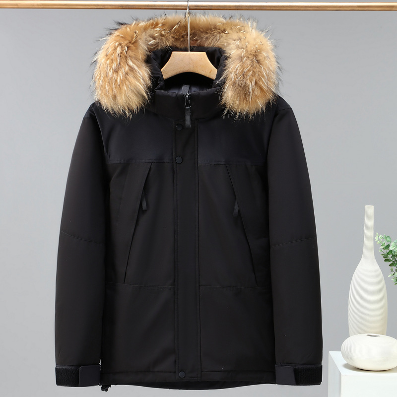 Giacca da uomo in cotone e seta resistente al freddo con collo in pelliccia di procione, tecnologia ispessita, antigraffio, giacca in cotone di alta qualità_voghion.com