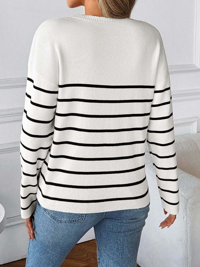 Maglione a righe con scollo a V da donna – Pullover casual oversize a maniche lunghe (S-L, bianco)_voghion.com