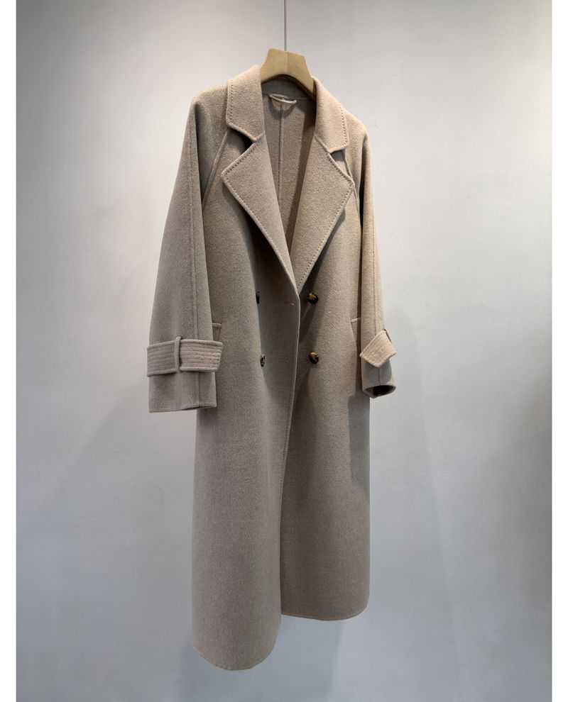 Trench double-face di lusso in misto cashmere e seta per donna – Elegante design con spalle scese, cappotto lungo aderente con drappeggio lusinghiero_voghion.com
