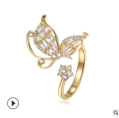Bague tendance en or véritable 14 carats Dongdaemun pour femme, ouverte, réglable, incrustée de cuivre et de zircones, motif papillon et fleur_voghion.com