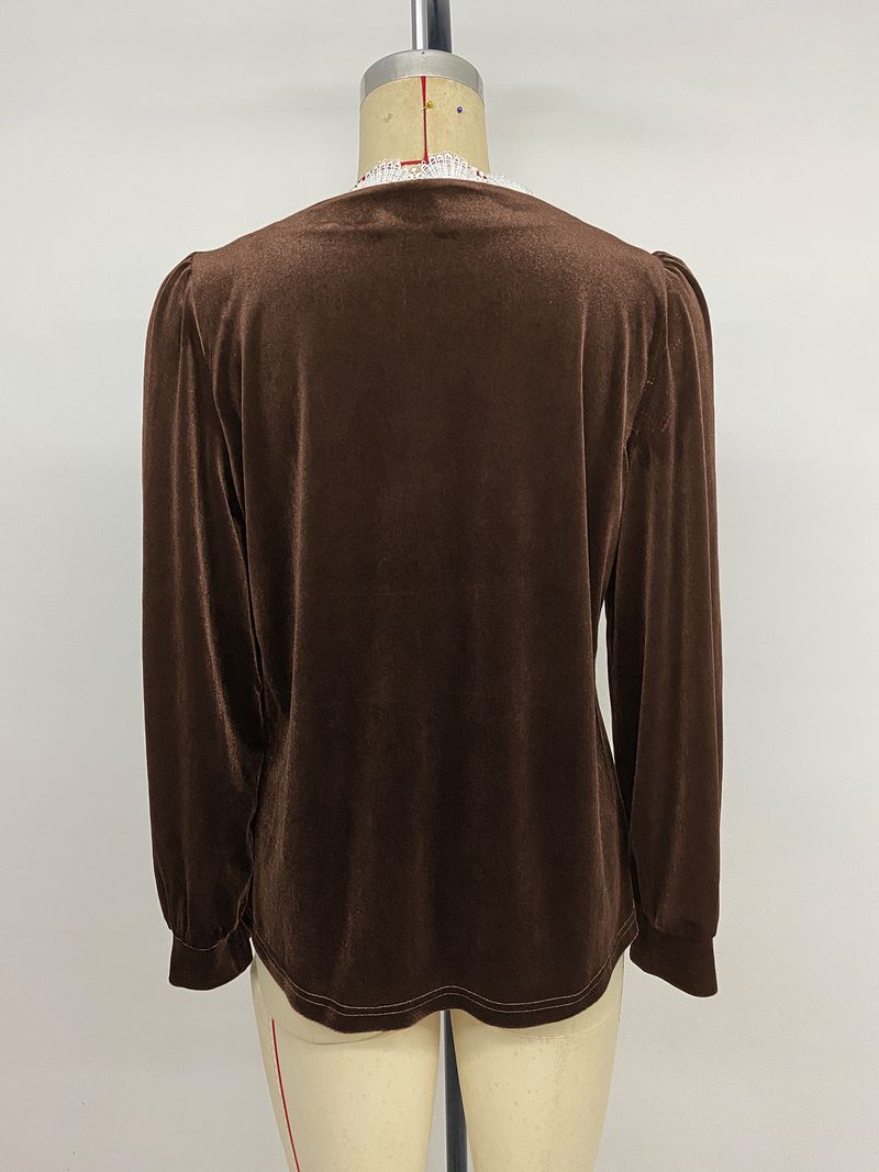 Elegant Vintage Velvet Blouse With V-Neck & Lace Trim - Fall/Winter Boho Chic Shirt For Women, Loose Fit With Puff Sleeves (Brown, S/M/L/Xl)_voghion.com