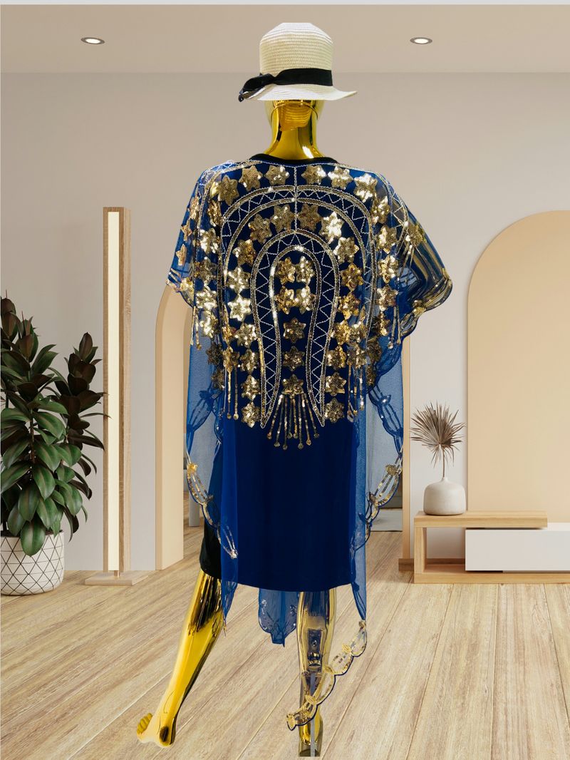 Fashion Thin Wave Breathable Large Size Loose Chiffon Sequin Eye Catching Banquet Dress Shawl_voghion.com