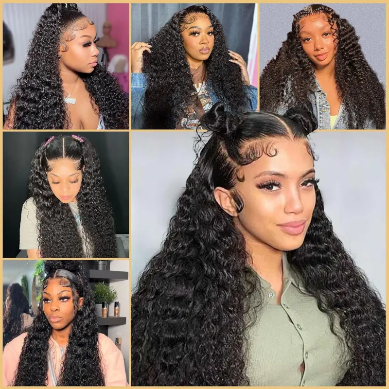 Pelucas frontales de encaje con ondas de agua de 360 grados, cabello humano con densidad de 180 y ondas profundas para mujeres_voghion.com