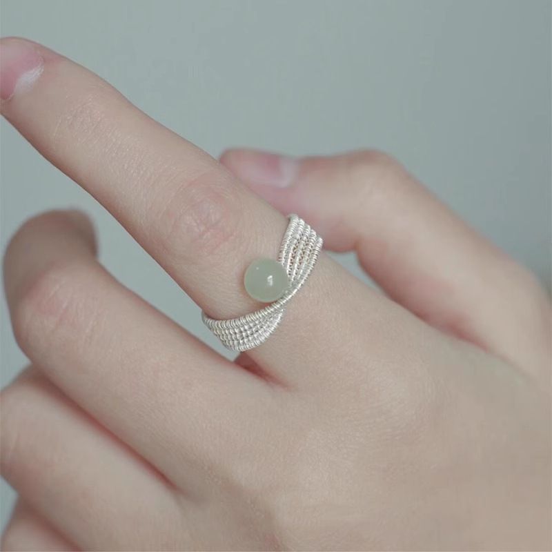 Perlina di giada intrecciata per donna, design di nicchia, lusso leggero, sensazione di alta qualità, anello per indice, anello in stile nazionale_voghion.com
