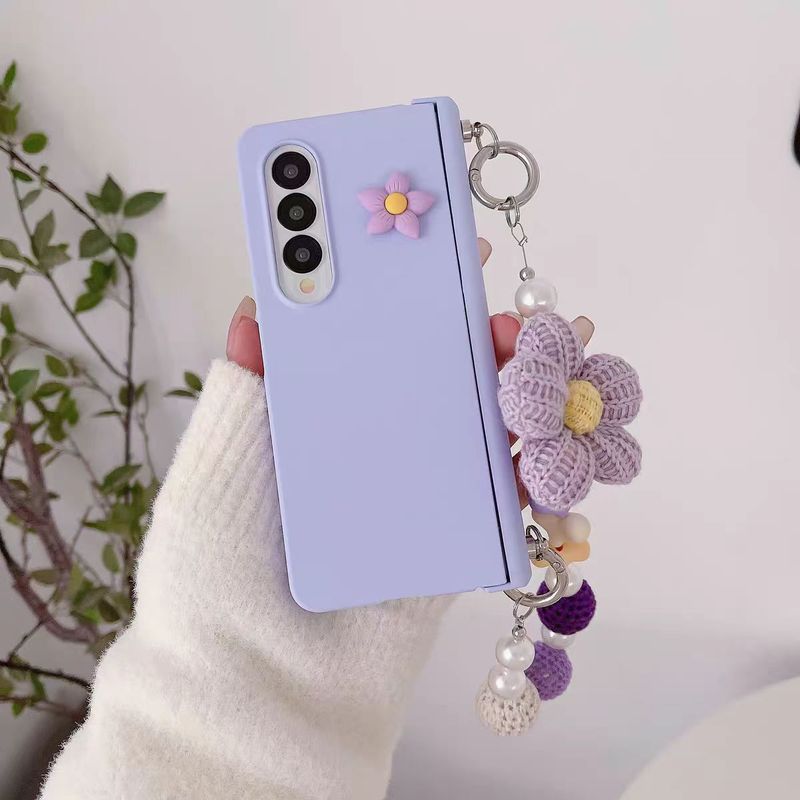 For Samsung Galaxy Z Fold 6 Korea Cute Knitted Flower Wrist Bracelet Shockproof Pearl Chain Phone Case Cover_voghion.com