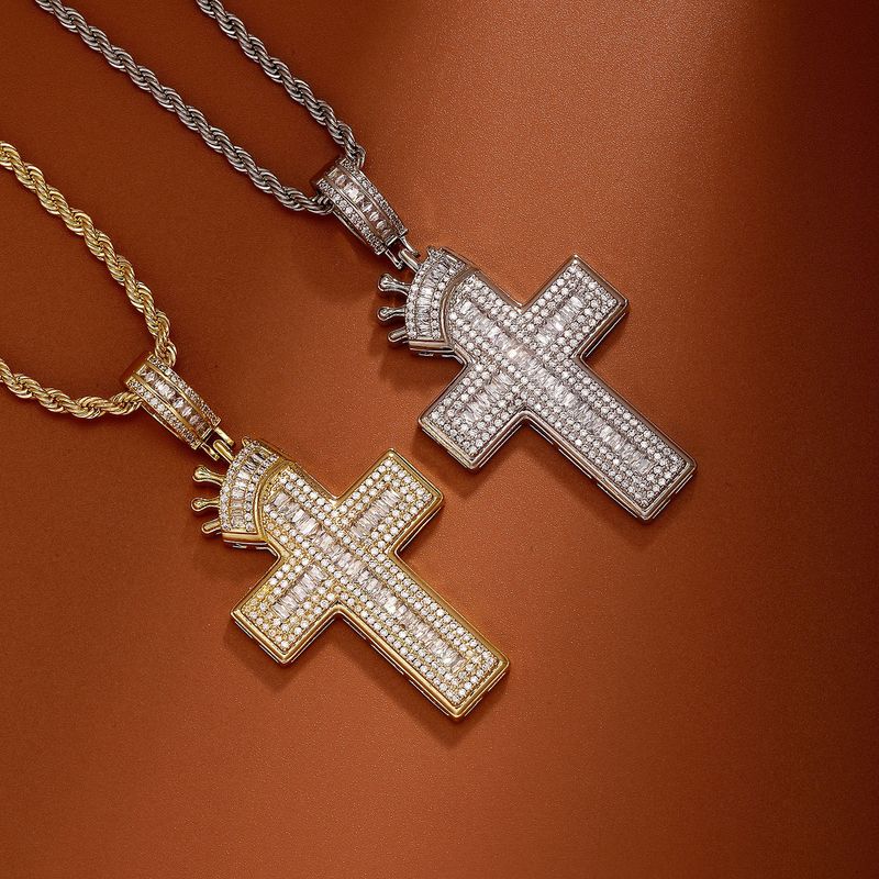 Gioielli da uomo e da donna - Collana con ciondolo a forma di croce e corona hip hop con zirconi cubici, catena intrecciata alla moda per strati eleganti (misure 24")_voghion.com