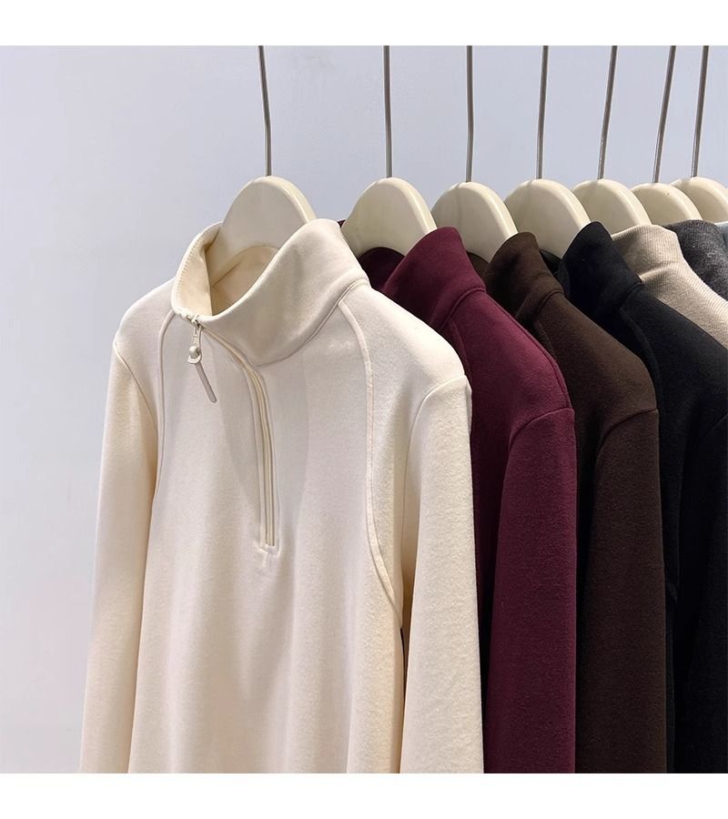 Half-Zip Stand Collar Fleece-Lined Long Sleeve Sweatshirt - Women's Thermal Base Layer For Fall & Winter_voghion.com