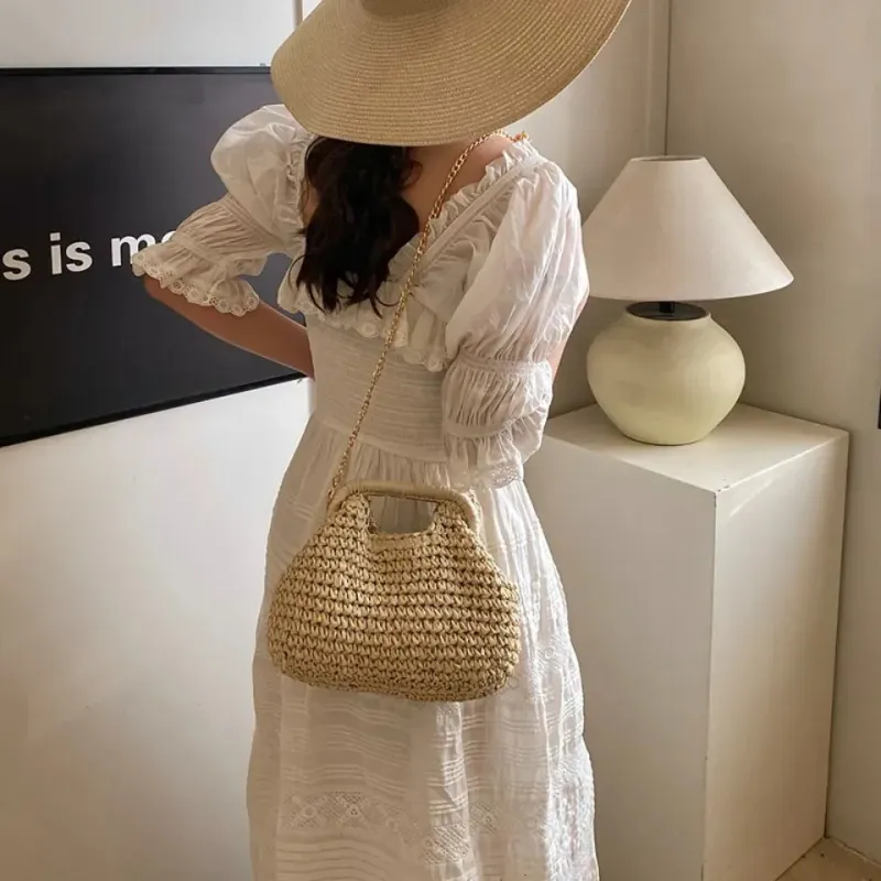 Borsa a tracolla retrò intrecciata per donna 2025 in paglia, con catena, borsa a tracolla, da donna, per le vacanze, la spiaggia, ecologica_voghion.com