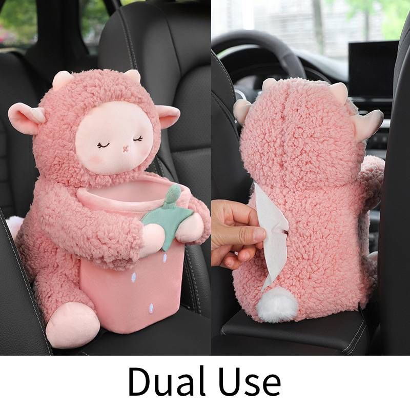 Plush Car Cute Tissue Box Trash Bin Multifunctional Auto Container Armrest_voghion.com