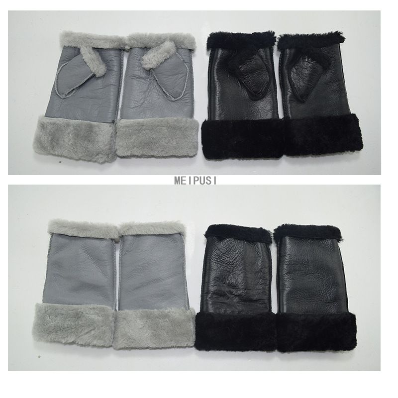 Gants d'hiver chauds en cuir véritable pour femme, demi-doigts, surface laquée, en peau de mouton, à la mode et pour l'extérieur_voghion.com