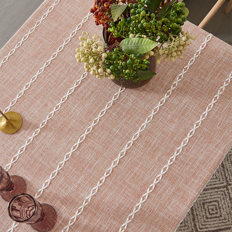 Nappe à pompons rustique marron - Housse de table rectangulaire en lin et coton mélangés de style ferme pour salle à manger/table basse_voghion.com