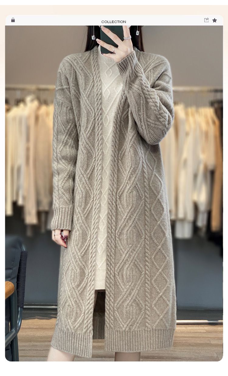 Cardigan lungo e largo in maglia di lana pesante e spessa, da donna, con scollo a V, autunno inverno_voghion.com
