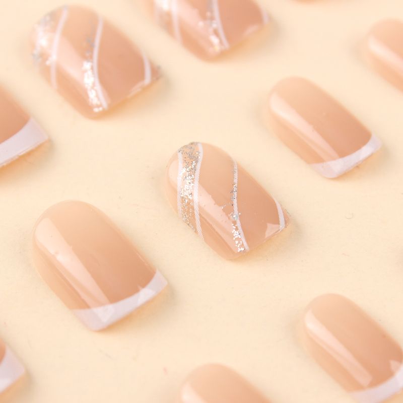 False Nails Simple French White False Nails Short Square Manicure Wave Glitter Stripes Wearable Nail Nail Tips_voghion.com
