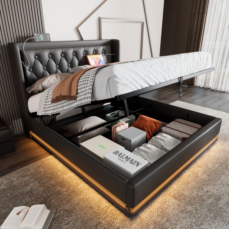 Lit double 160 x 200 cm, matelas en polyuréthane noir, lit coffre hydraulique avec chargement USB Type-C et éclairage LED sur 3 côtés, tête de lit rembourrée (matelas inclus)._voghion.com