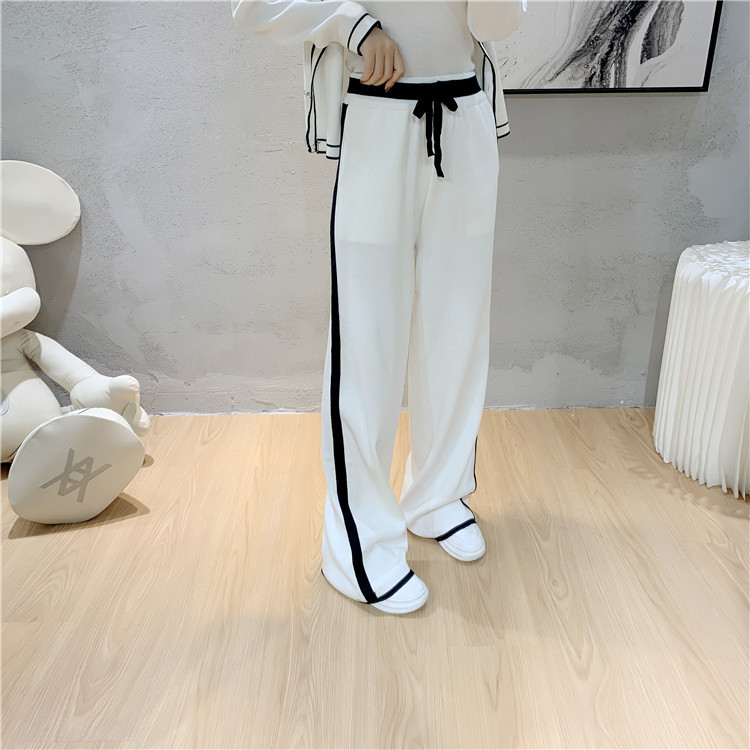 Women's fashion professional suit age-reducing temperament knit cardigan style wide leg pants two-piece set_voghion.com