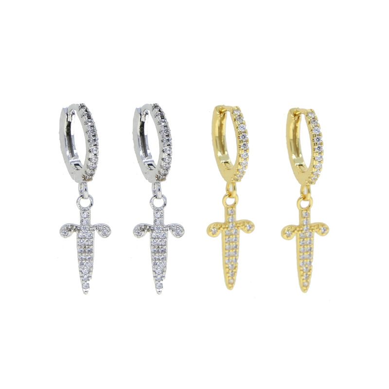 Hip Hop Neue Kreuz Schwert Ohrringe Mode Trend Intarsien Zirkon herren Ohrringe_voghion.com