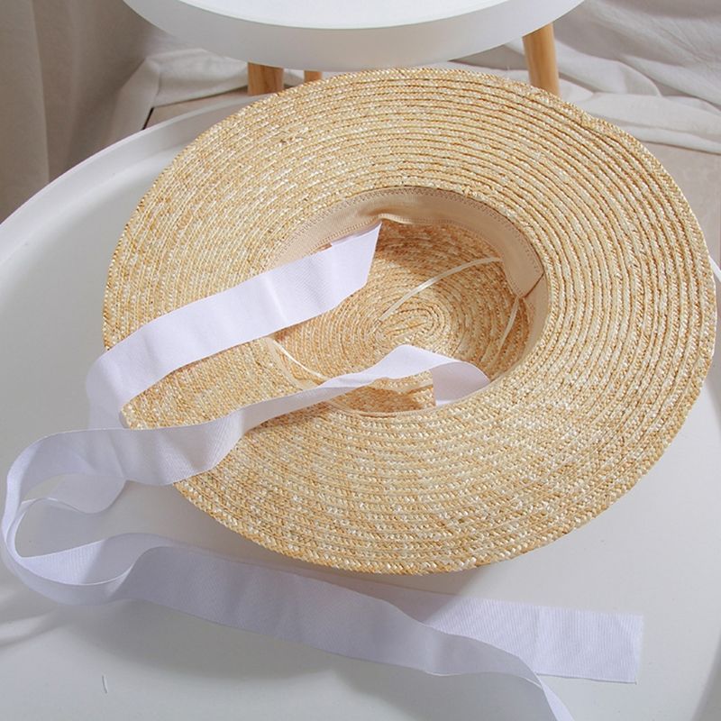 Cappello da sole da donna alla moda, estivo, largo, a tesa larga, con parte superiore piatta, in paglia, vintage, con lungo nastro, cinturino sotto il mento, da viaggio, protezione solare, floscio, da spiaggia_voghion.com