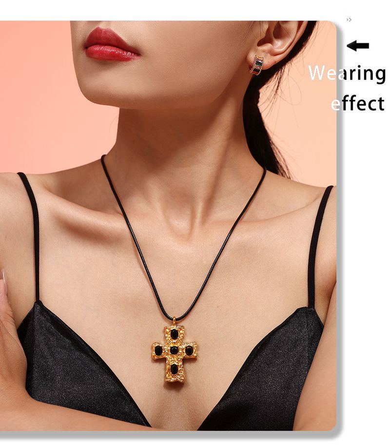 Collana con croce in vetro, collana con corda nera, gioielli in acciaio al titanio_voghion.com