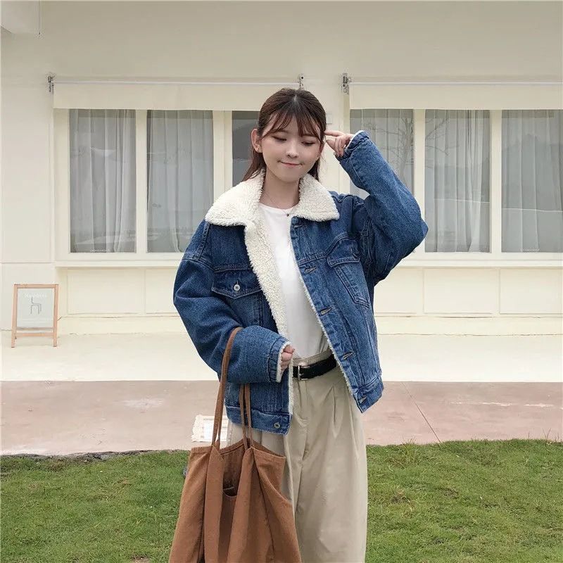 Jeansjacke, verdickter Plus-Samt-Lammwolle-Baumwollmantel, Damen-Wintermantel, lockerer BF-Kurzmantel, verdickter Denim-Baumwollmantel_voghion.com