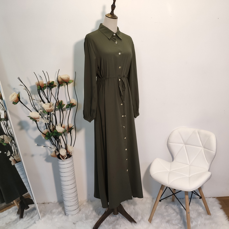 Roupas femininas nova moda muçulmana lapela cor sólida botão completo vestido fino saia longa_voghion.com