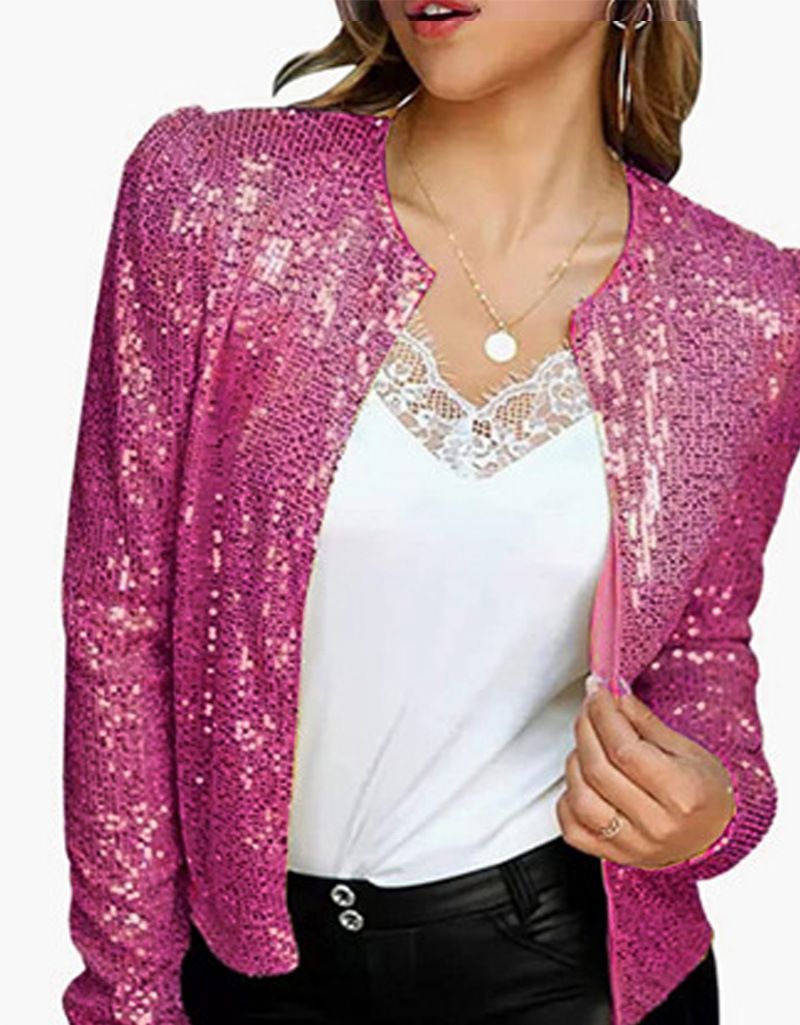 Women's Clothing Women's Fashion Stand up Collar Solid Color Sequined Jacket Short Casual All match Small Jacket_voghion.com