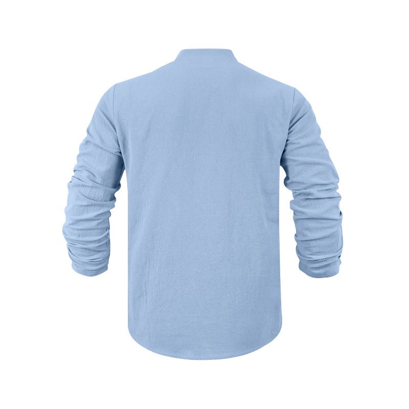 Maglietta a maniche lunghe con scollo a V in lino traspirante per uomo - Vestibilità rilassata, comfort casual, essenziale per l'estate_voghion.com