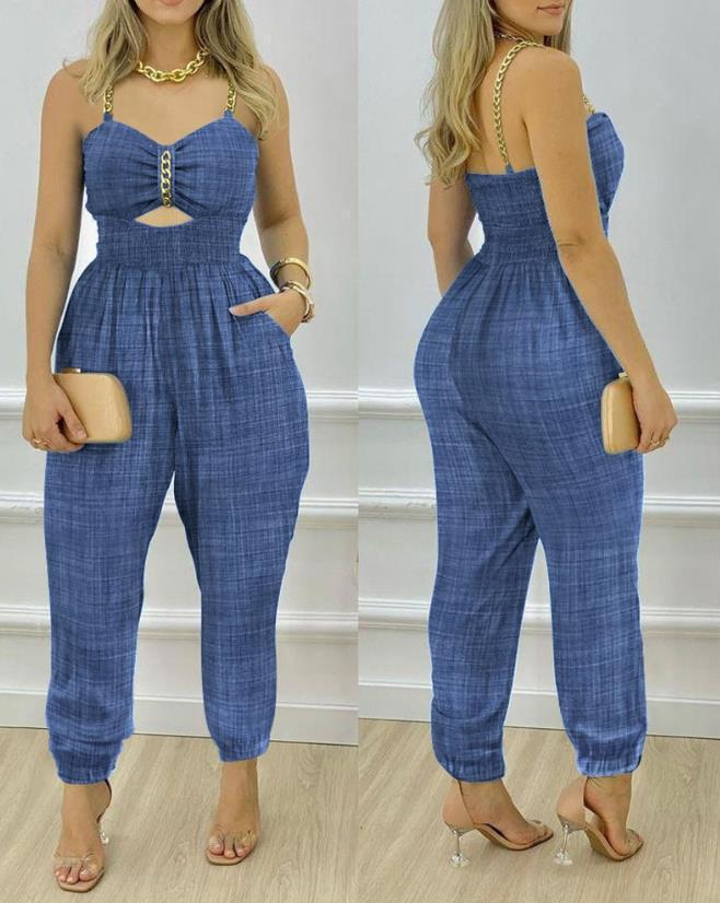 Roupas femininas suspensórios de corrente de algodão e linho bolsos casuais sem costas envoltório peito macacão_voghion.com