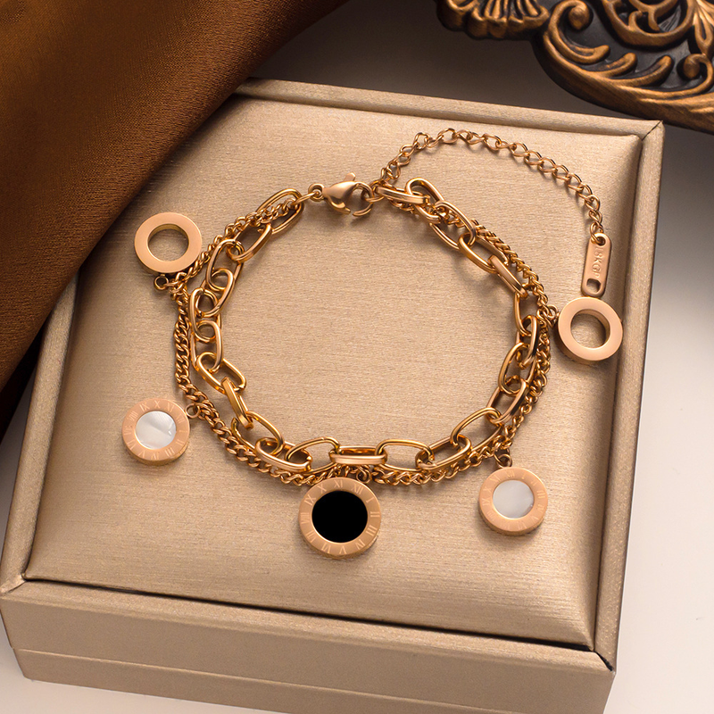 Rundes, schwarz-weißes Muschelarmband mit römischen Ziffern, Titanstahl plattiert, echtes Gold, modischer, vielseitiger Handschmuck aus Edelstahl_voghion.com