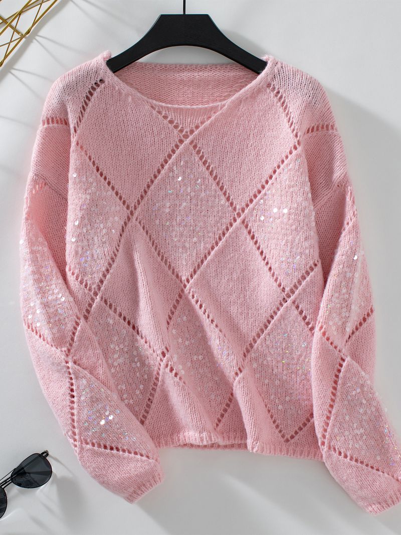 Maglione lavorato a maglia con paillettes cave alla moda Fuzzy Rain da donna, nuovo maglione ampio con motivo a rombi per autunno e inverno_voghion.com