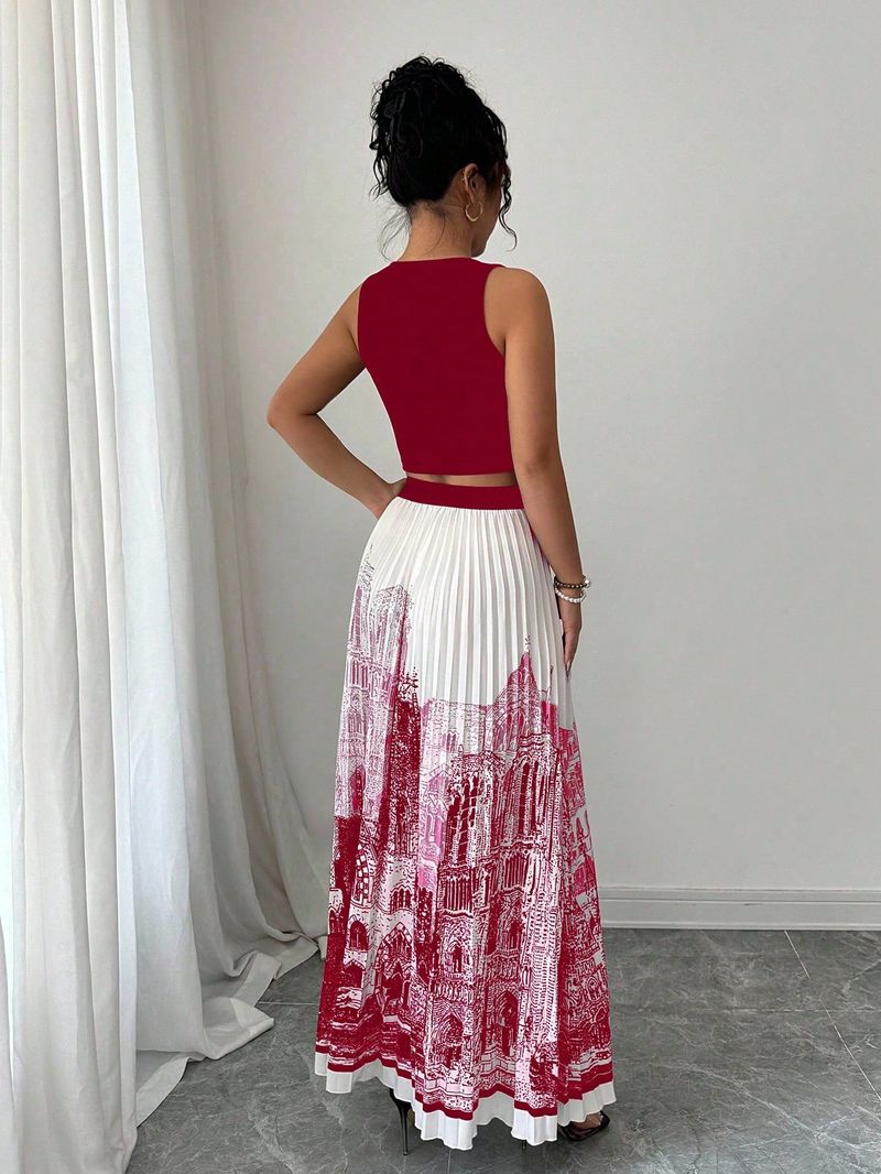 Ärmelloses Sommerkleid-Set mit Aquarelldruck – fließender High-Low-Rock und einfarbiges Tanktop, vielseitiges zweiteiliges Outfit für Damen_voghion.com