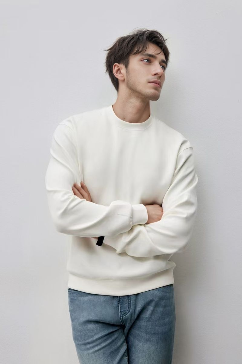 Premium Anti-Falten Air Layer Rundhals-Sweatshirt – Schwerer Unisex-Pullover aus Baumwolle (S-XXL, Schwarz/Hellgrau/Creme, Relaxed Fit)_voghion.com