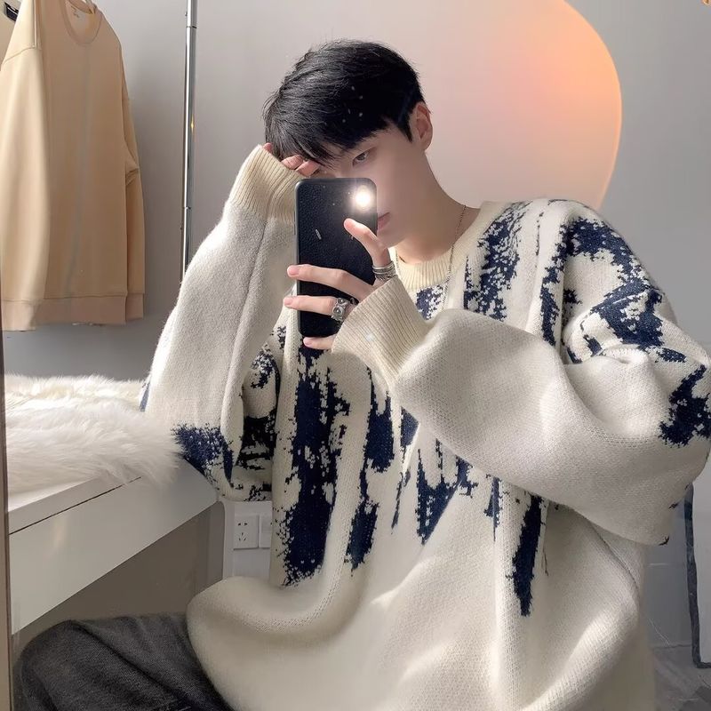 Mink Velvet Round Neck Sweater For Men Winter Loose Versatile Solid Color Knitwear Trendy Brand Lazy Top_voghion.com