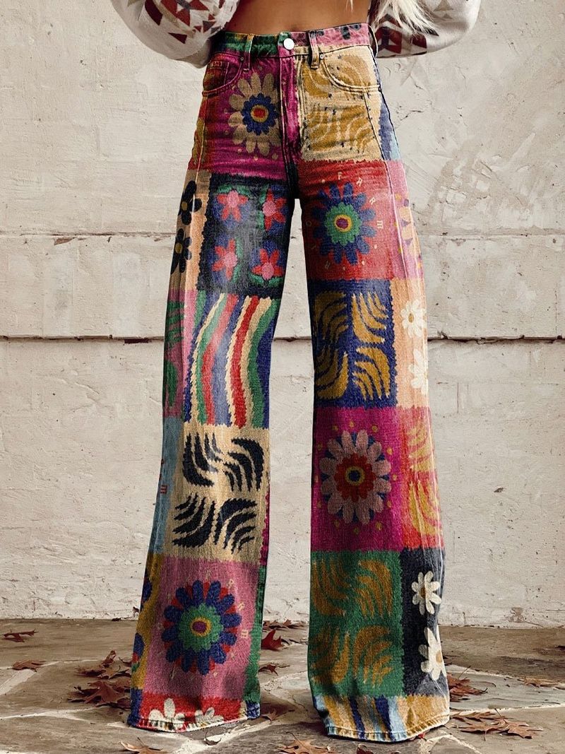 Trendy Plus Size Women's Printed Flare Pants - Stretch Denim-Like Wide Leg Trousers With 3D Patterns, Comfortable & Stylish Casual Wear_voghion.com