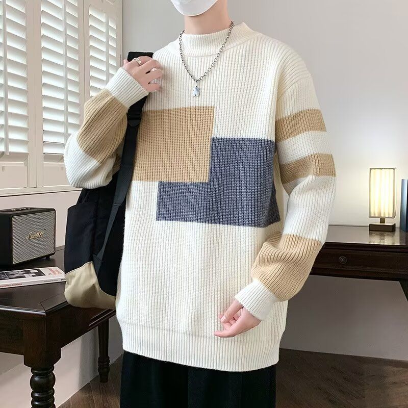 New color blocking striped sweater for men in autumn and winter, round neck long sleeved base sweater, thread jacket, warm knit sweater_voghion.com