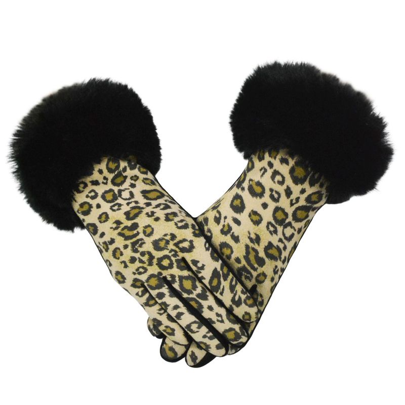 Nowe, damskie, ciepłe, jesienno-zimowe, polarowe rękawiczki z nadrukiem w panterkę i futerkiem, z ekranem dotykowym_voghion.com