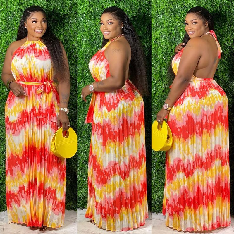 Women's Clothing Temperament pleated printed open back waist dress female summer with lining_voghion.com