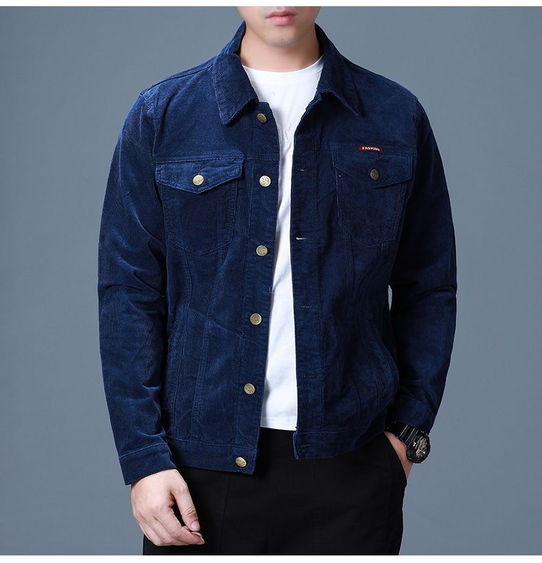 Giacca da uomo con risvolto in velluto a coste slim fit casual tinta unita versione coreana primavera e autunno 2025_voghion.com
