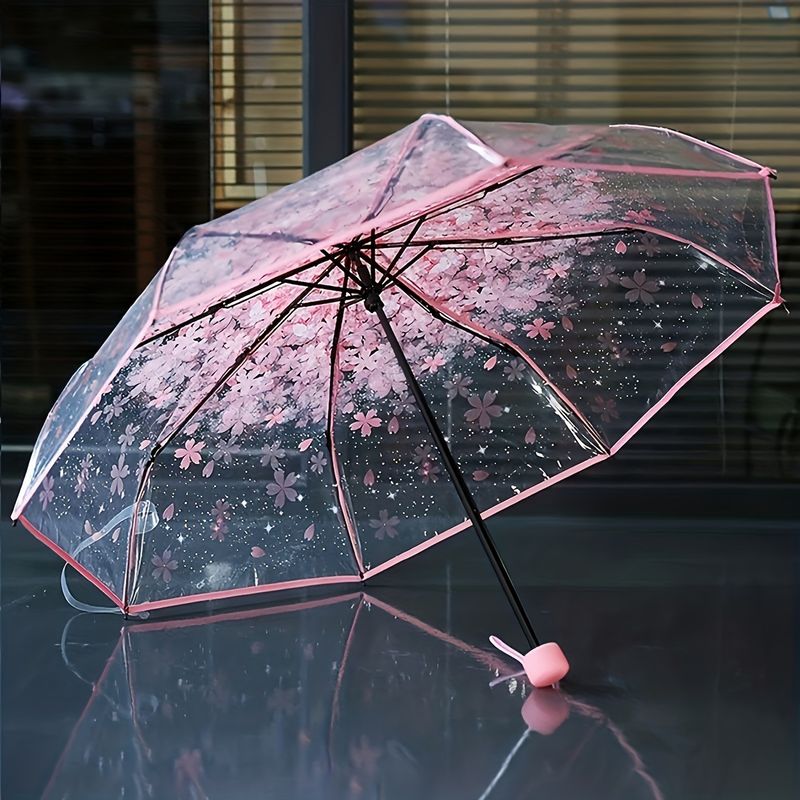 Transparenter Taschenschirm mit Kirschblütenmuster, 8 Rippen, lässiger, leichter, tragbarer Regenschutz für Outdoor-Aktivitäten für Männer und Frauen_voghion.com