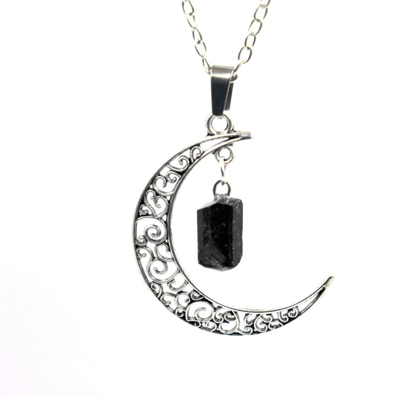 Retro Black Tourmaline & Amethyst Crystal Necklace - Starry Sky Moon Pendant With Natural Stone Sweater Chain_voghion.com