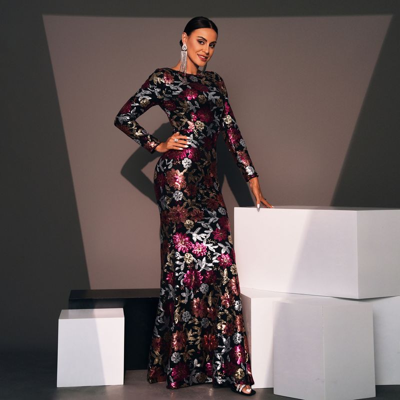 Damenbekleidung Abendkleid Langarm Temperament Rundhals Sexy Schlank Lange Pailletten Bankett Brautjungfernkleid Kleid Weiblich_voghion.com