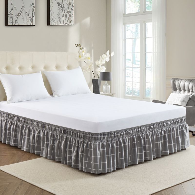 Gonna da letto a quadri grigio-bianchi - Copriletto elastico con volant per hotel e casa (pezzo unico, qualità premium)_voghion.com