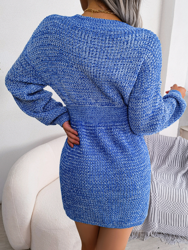 2023 Autumn Winter Colorful Lantern Sleeve Waist-Cinching Sweater Dress Women's Fashion_voghion.com