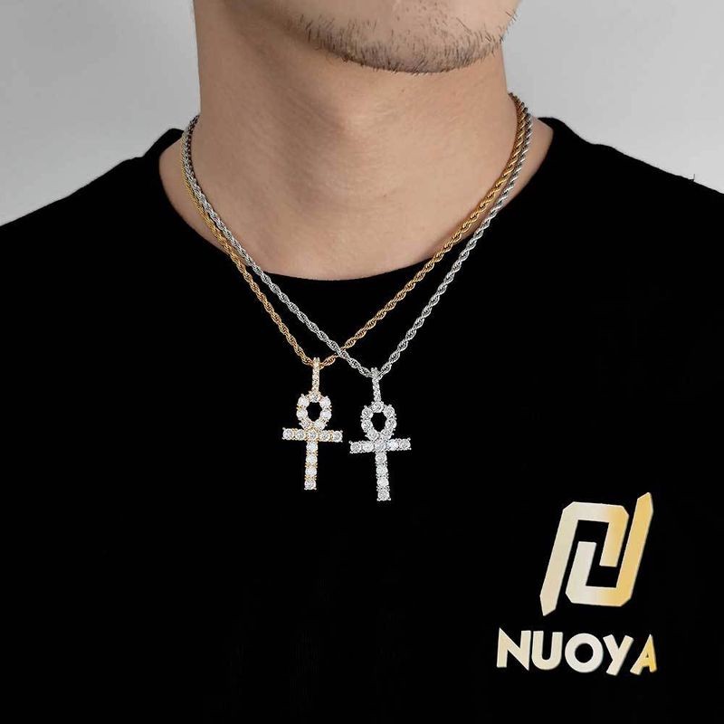 Kettingen Hiphop Effen kleine Anka Kruishanger Microinset zirkoon Ankh Key hiphop herenketting_voghion.com