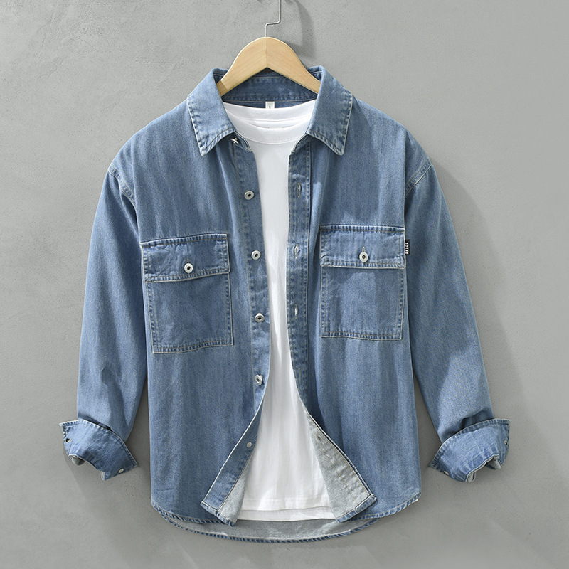 6719 camicia casual a maniche lunghe in denim da uomo # 039; camicia giapponese con utensili retrò sciolto cappotto da uomo # 039; una generazione._voghion.com
