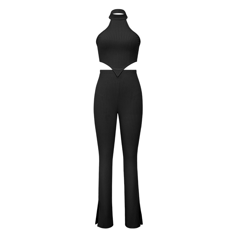 Set da donna in due pezzi casual con pantaloni a camicia senza maniche con collo appeso e ampia striscia in tinta unita_voghion.com